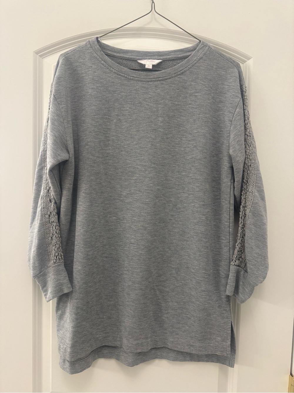 LC Lauren Conrad Gray Crewneck Tunic with Crochet Sleeve Detail